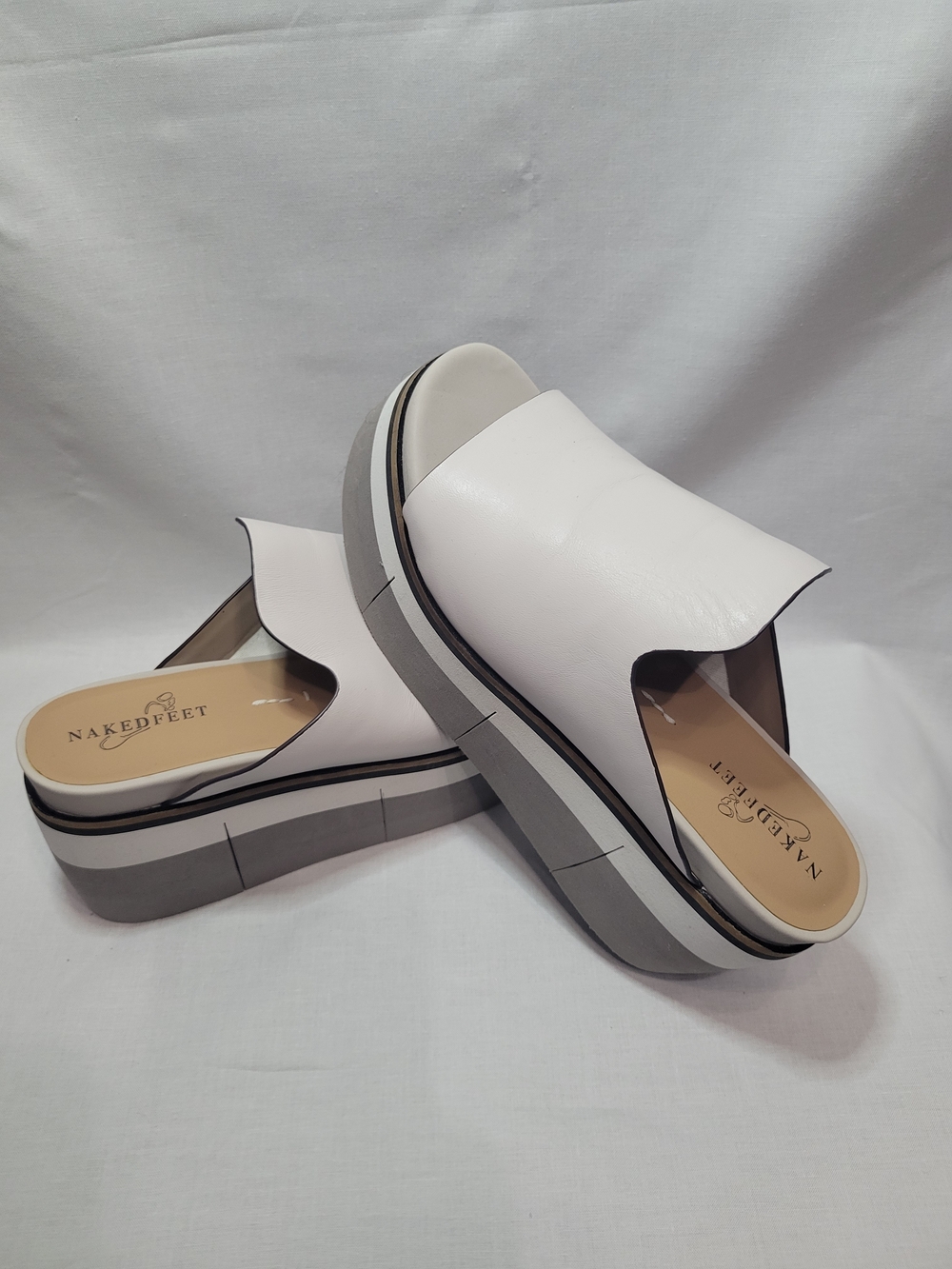 Naked Feet White Leather Platform Slide Mules with Gray Sole